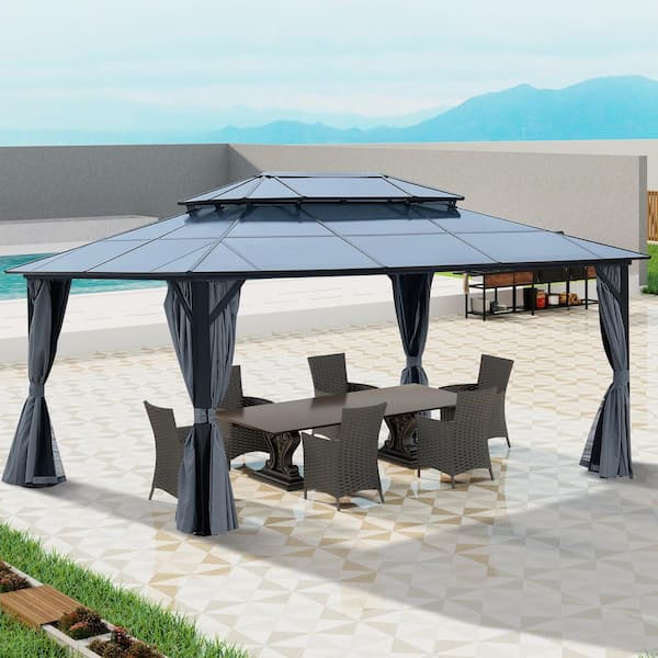 ToolCat 12 ft. x 16 ft. Hardtop Gazebo, Double Roof Canopy, Aluminum Frame Permanent Pavilion with Curtains and Netting, Gray