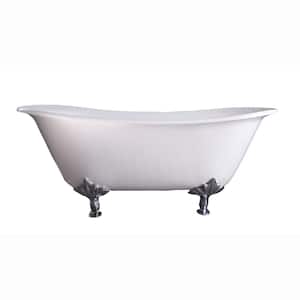Maxmillian 67 in. Cast Iron Double Slipper Clawfoot Non-Whirlpool Bathtub in White with No Faucet Holes and BN Feet