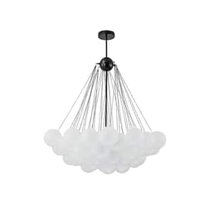 Alma 32 in. W 3-Light Cluster Globe Bubble Large Black Chandelier with 37 Frosted Glass Shade for Kid's/Living/Dining