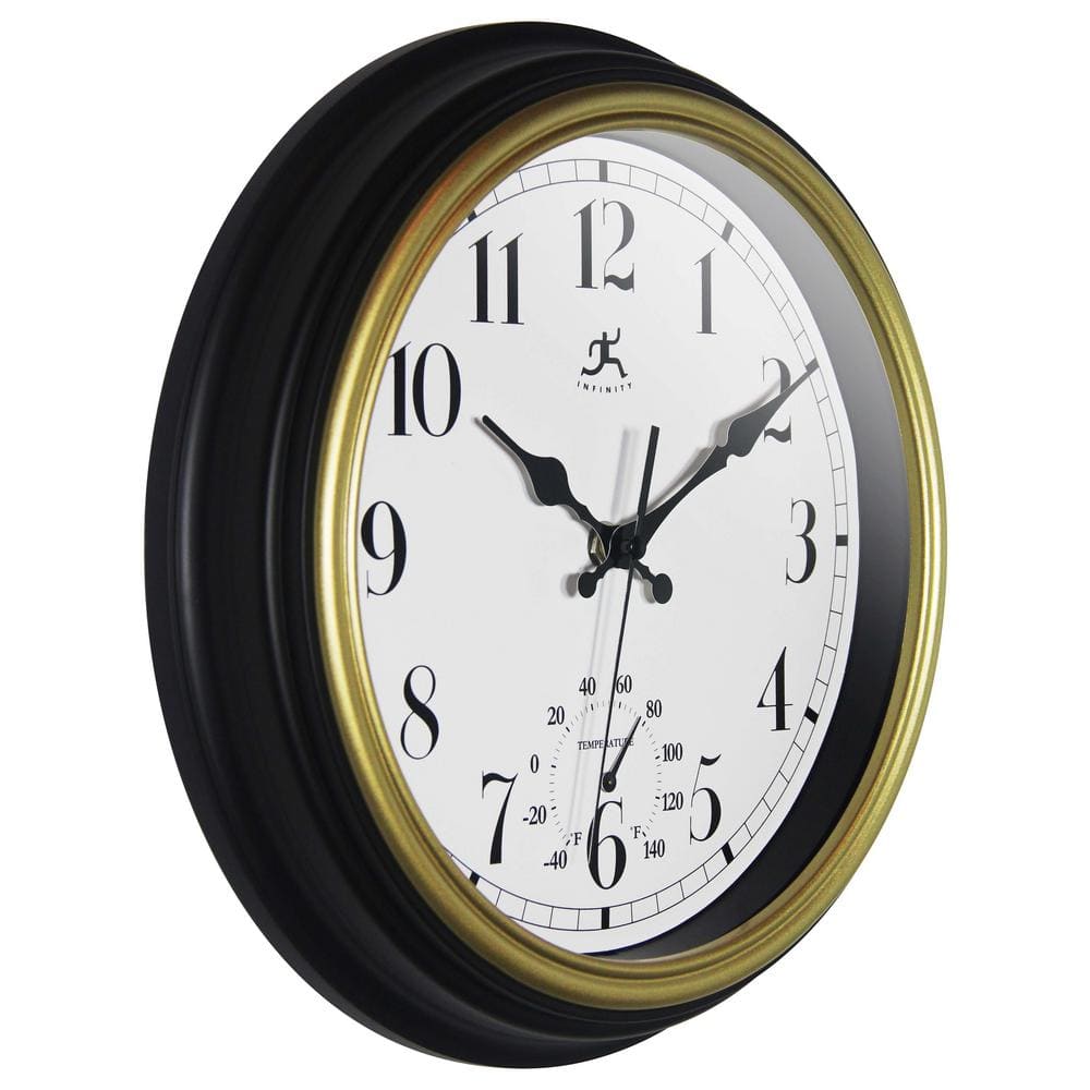 12-Inch Black and Gold Round Wall Clock with Thermometer