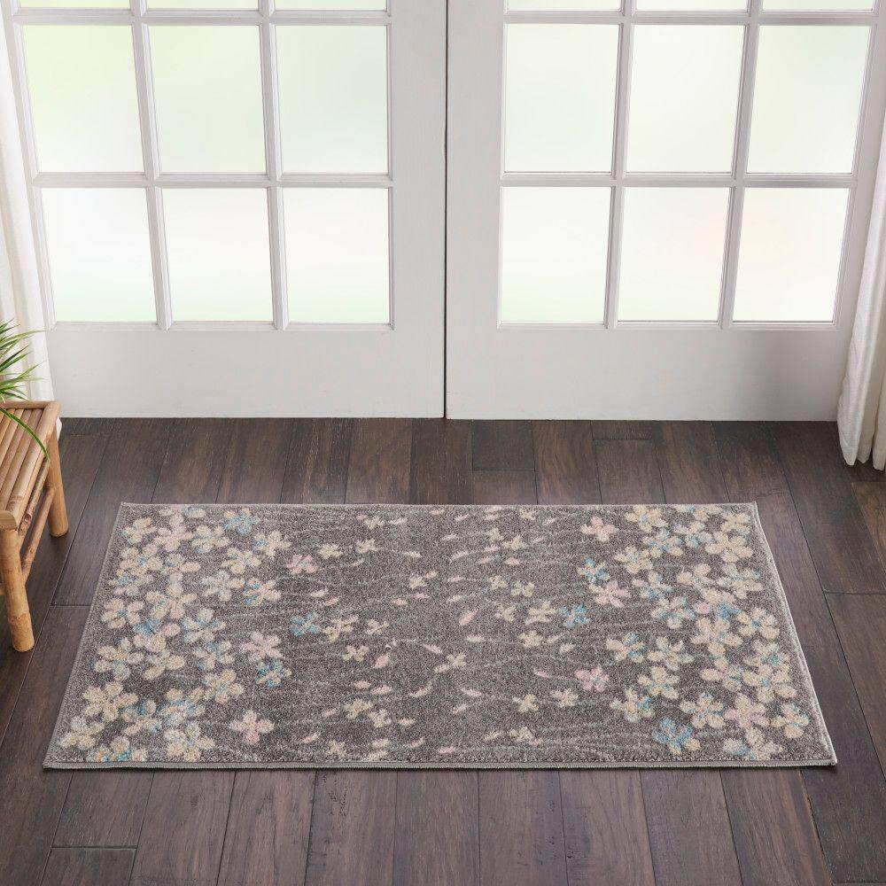 Handmade Floral Grey & Beige Viscose Blend Area Rug - 24"x5"