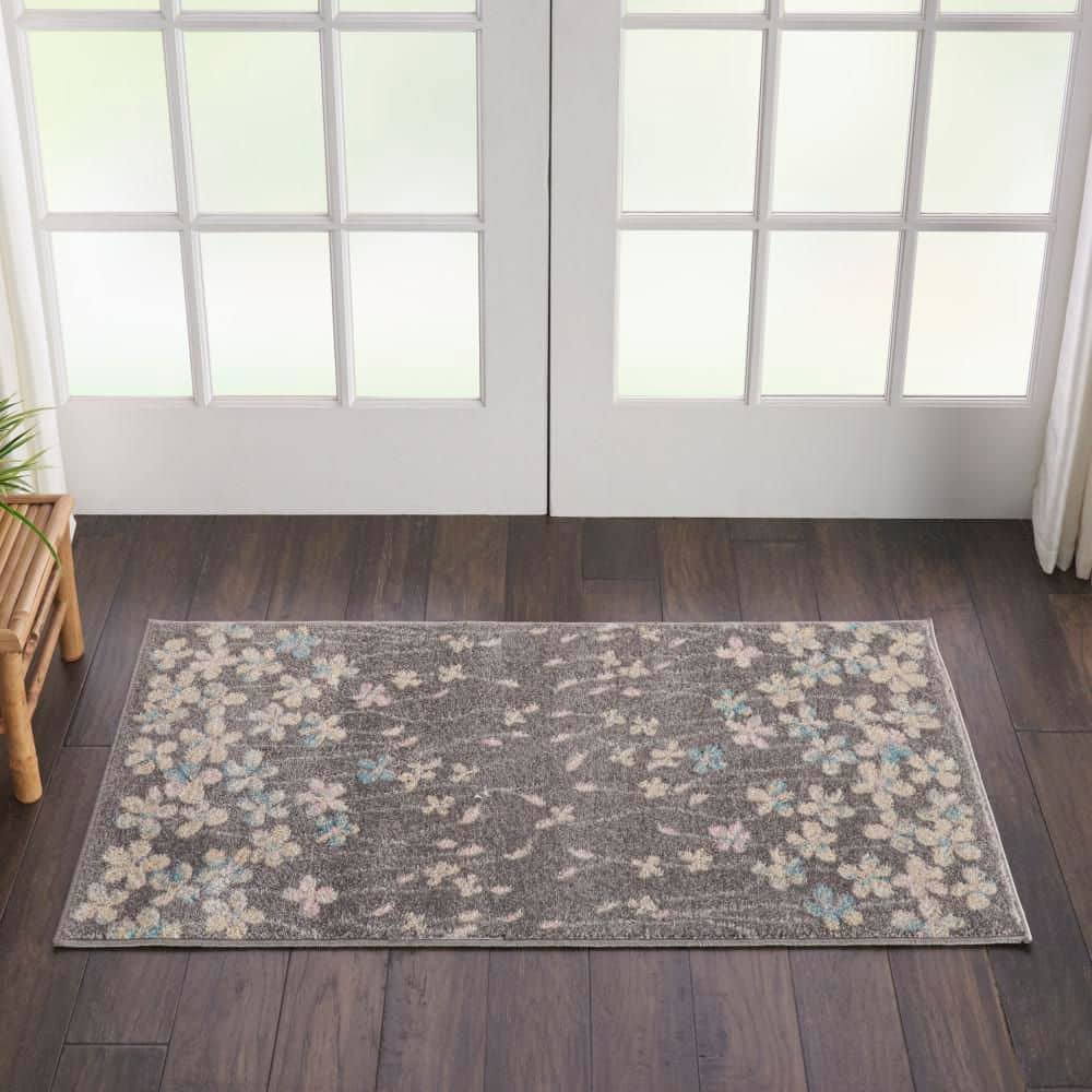 Handmade Floral Grey & Beige Viscose Blend Area Rug - 24"x5"
