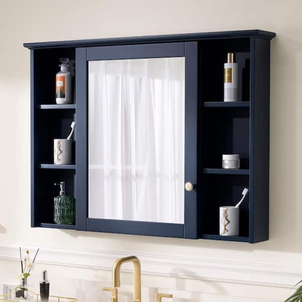 42 in. W x 30 in. H Rectangular Navy Blue Wood Surface Mount Medicine Cabinet with Mirror and Shelves, 1-Soft Close Door