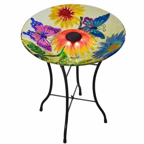 Teamson Home 18 in. Glass Butterfly Outdoor Fusion Solar Birdbath with Stand