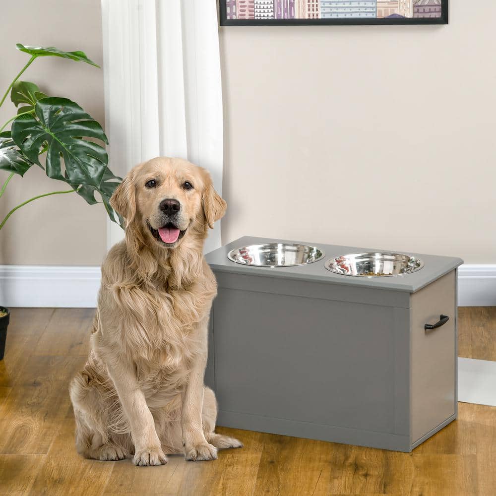 Gray Elevated Pet Feeding Station with Stainless Steel Bowls