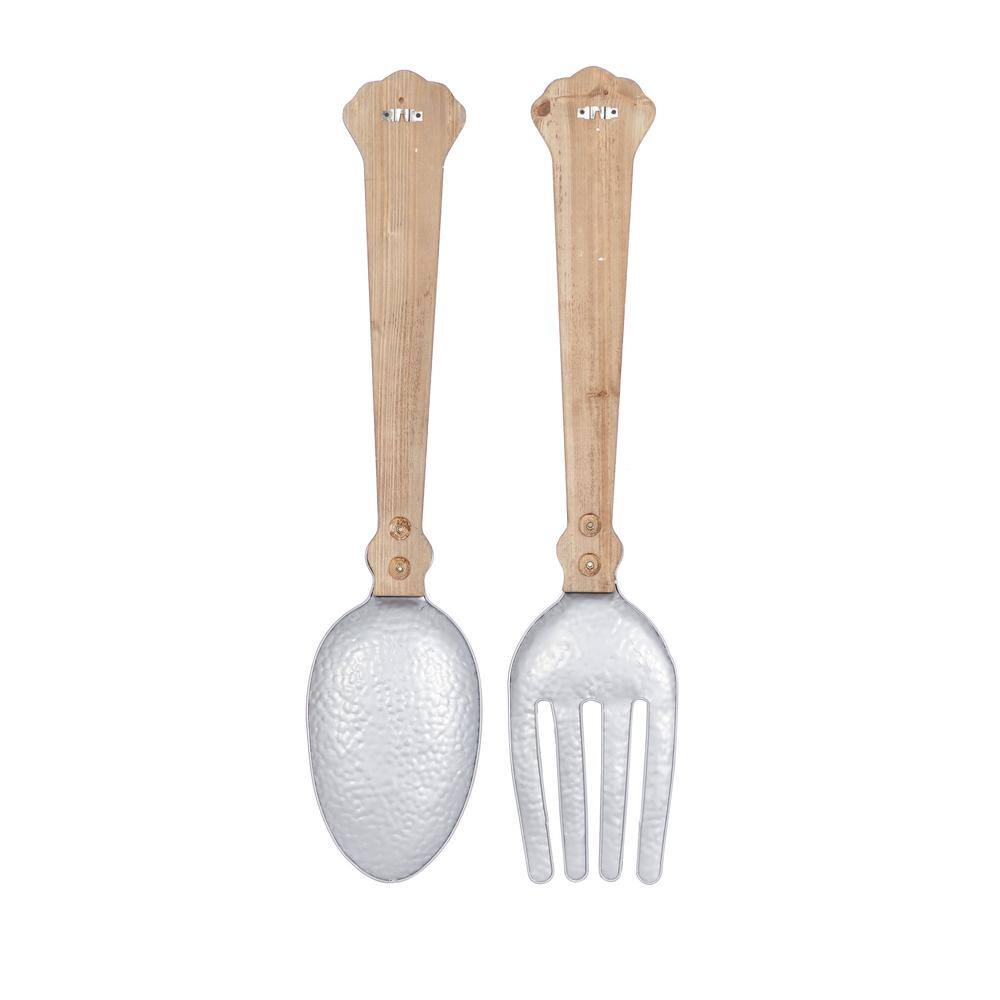 Large Brown and Silver Metal Spoon and Fork Wall Decor Set