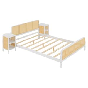 White Wooden Frame Full Size Platform Bed with Rattan and 2-Nightstands