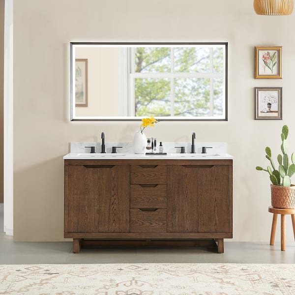 Altair Mowry 60 in. Double Freestanding Brown Brushed Oak Bath Vanity with Grain White Engineered Stone Top Assembled, Mirror
