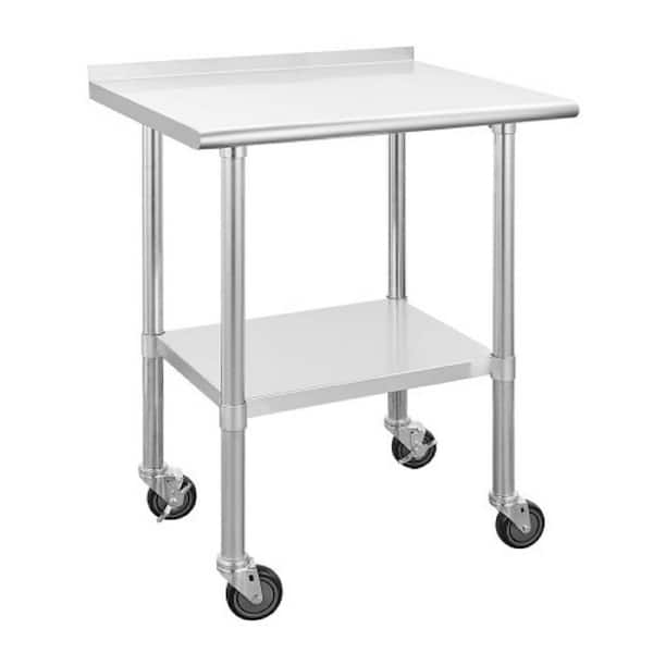 Tileon Stainless Steel Kitchen Utility Table with Caster Wheels in Silver, Heavy Duty Table with Undershelf and Backsplash