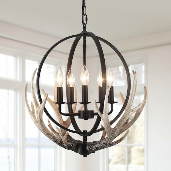Modern Farmhouse 20 in. 5-Light Black Globe Candlestick Chandelier with Tree Branch Accents