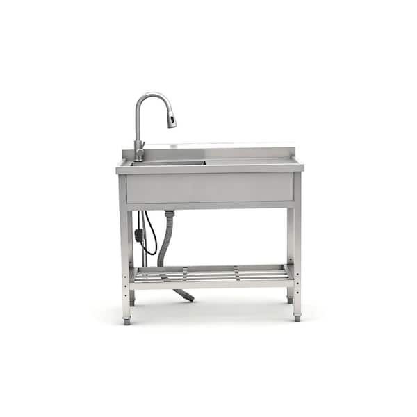 39 in. Farmhouse Single Bowl Stainless Steel Kitchen Sink with Faucet and Drain Freestanding Utility Sink w/Workbench