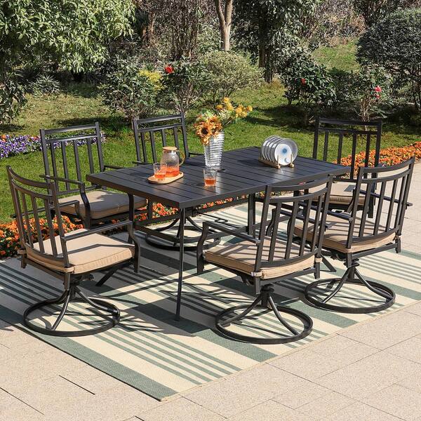 PHI VILLA 7-Piece Metal Rectangular Outdoor Dining Set with Beige ...