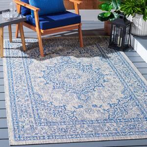 Courtyard Gray/Navy 8 ft. x 11 ft. Distressed Border Ornate Indoor/Outdoor Area Rug