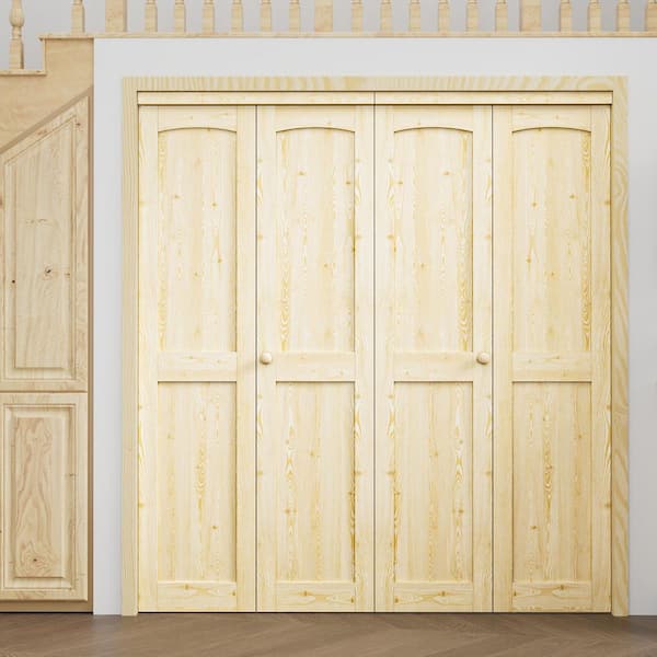 72 in. x 80 in. Arch Panel 2-Lite Solid Core Unfinished Pine Wood Interior Closet Bi-Fold Door with Hardware