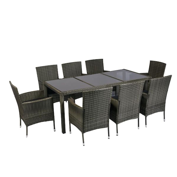 Avex Gray 9-Piece Metal Patio Outdoor Dining Set with Glass Top and Black Cushion