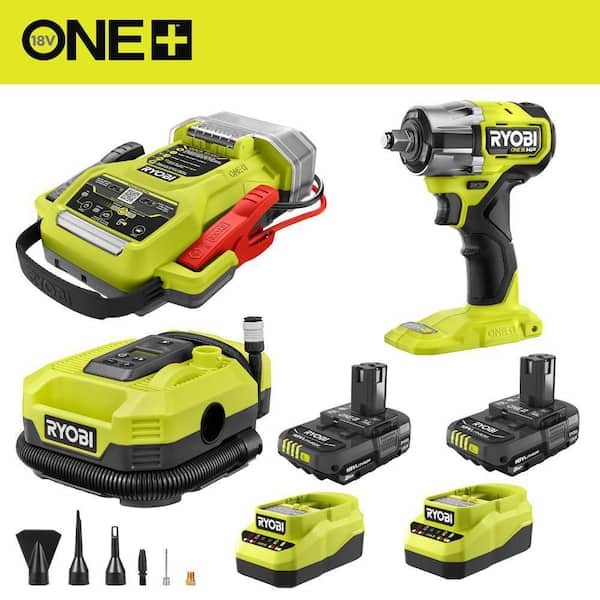 ONE+ 18V Cordless 1600A Jump Starter Kit, with Inflator/Deflator, 1/2" Impact Wrench, & (2) 2.0 Ah Batteries & Chargers