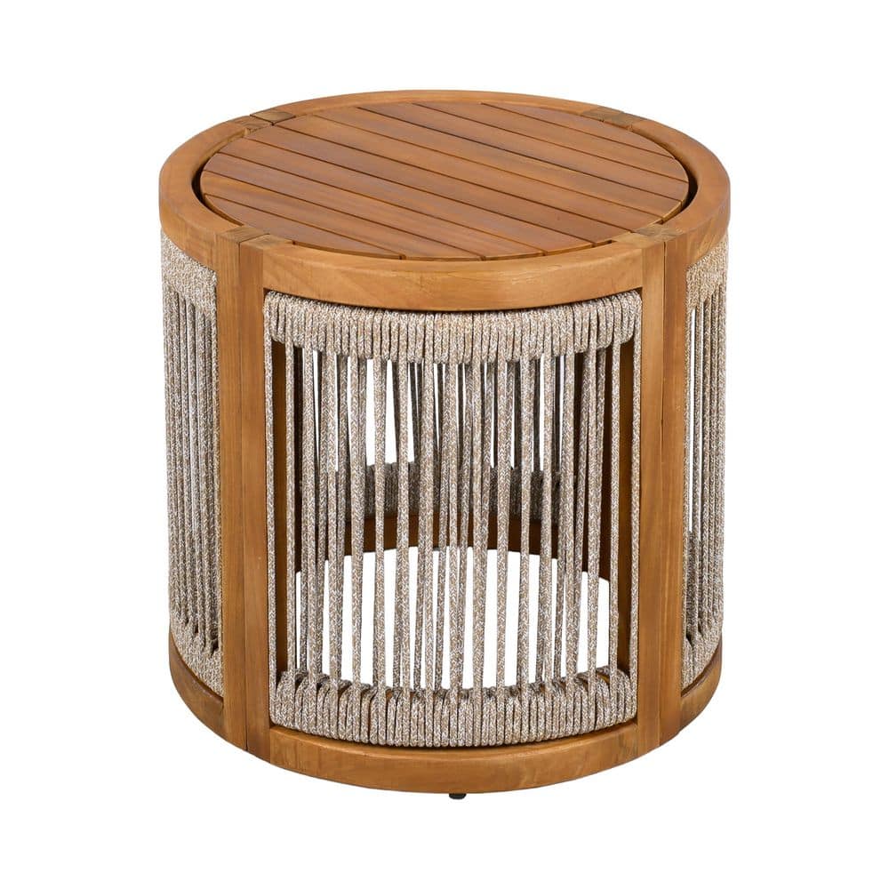 Judy Boho Teak Wood Outdoor Patio Side Table with Handwoven Rope Accent