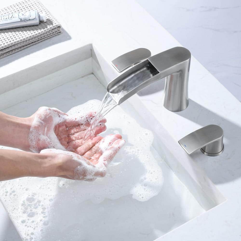 Brushed Nickel Double Handle Waterfall Bathroom Faucet Set
