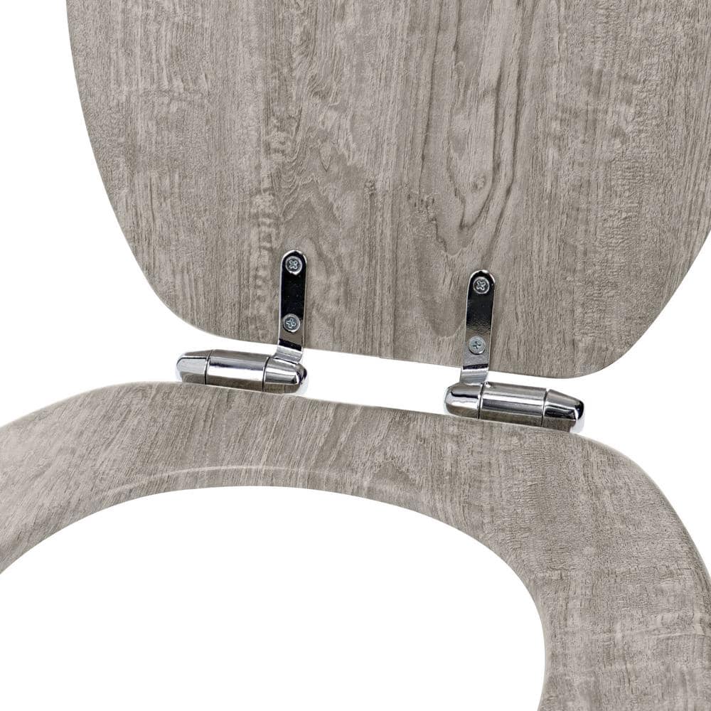 Round Distressed Gray Molded Wood Toilet Seat with Chrome Hinges