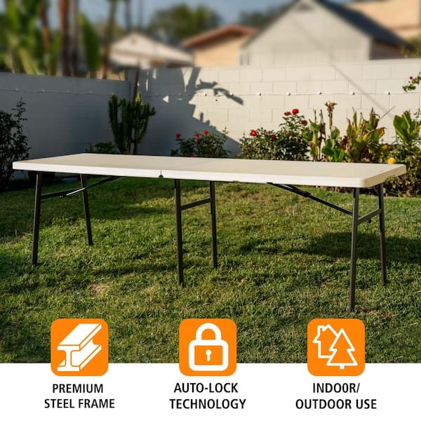 HDX 8 ft. Almond Resin Top Rectangular Folding Utility Table for