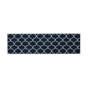 Navy and White 26 in. x 72 in. Geometric Washable Non-Skid Runner Rug