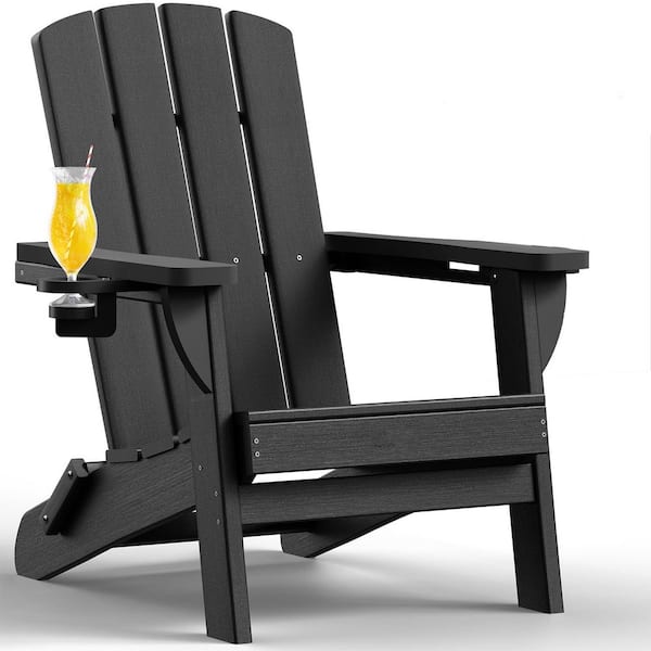 MOEPISY Folding Plastic Adirondack Chairs with 2 Cup Holder, Outdoor Lawn Chair for Patio Garden (Black)