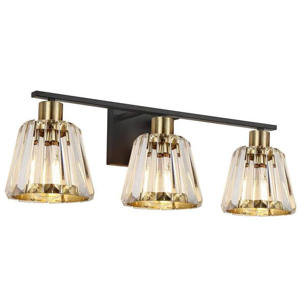23 in. 3 Light Black Gold Vanity Light with Clear Glass Shade