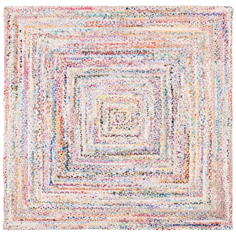 Ivory and Multicolor Braided Round Wool and Cotton Rug