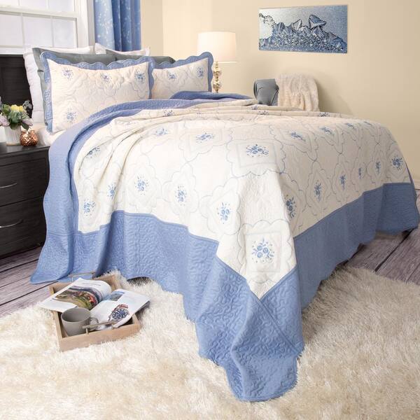 Lavish Home Brianna Blue Floral Queen Quilt 66 10012 Fq The Home Depot 5534