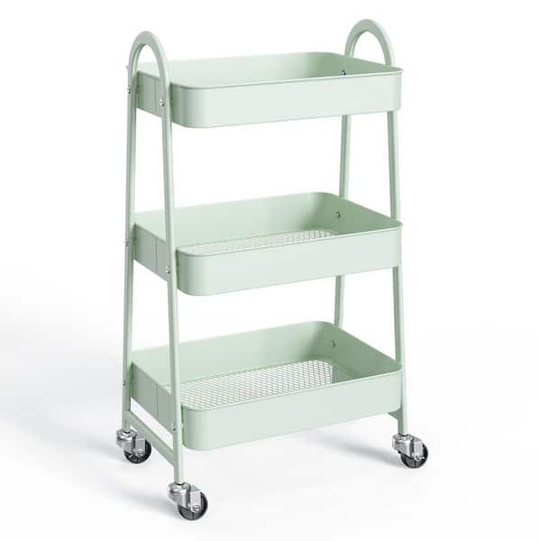 3-Tier Green Metal Rolling Cart, Utility Storage Organizer Kitchen Trolley for Bathroom, Laundry Room, Office