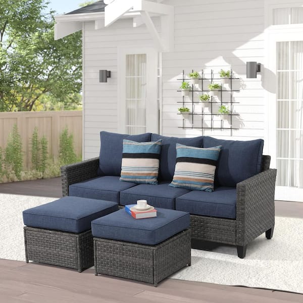 Freestyle 3-Piece Outdoor Wicker Gray Patio Conversation Set with 3-Seater Sofa and Ottomans, Navy Blue