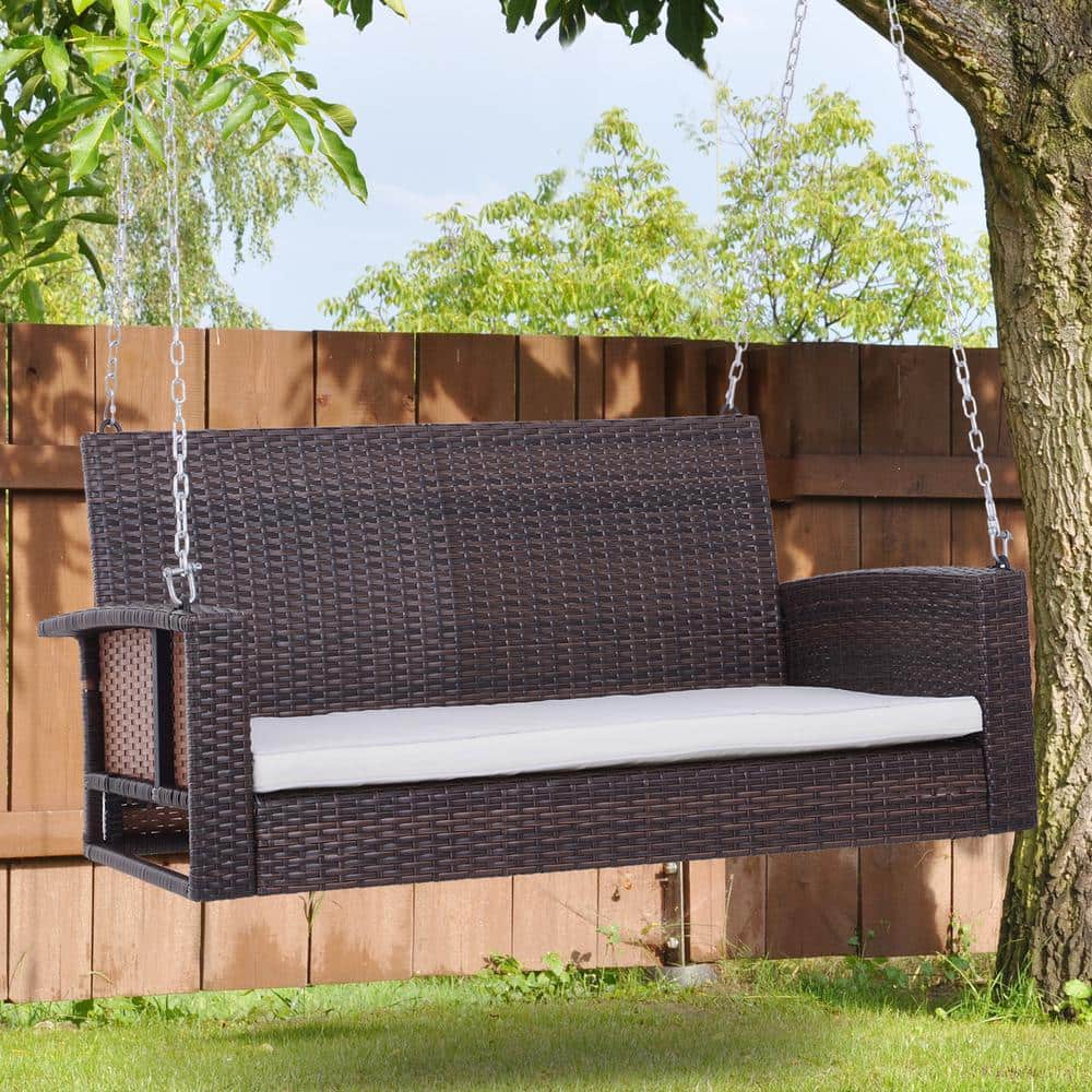 Brown Wicker 2-Person Outdoor Hanging Swing Bench with Cushions