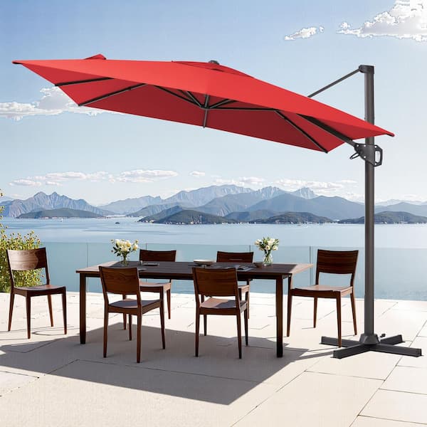 Pellebant 9 ft. x 11 ft. Aluminum Cantilever Offset 360° Swivel Adjustable Canopy Tilt Patio Umbrella in Red, No Base