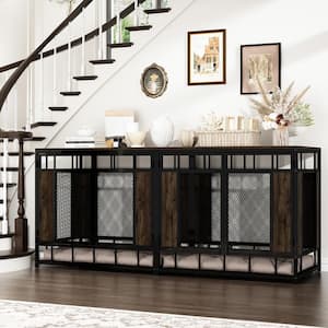 Large Dog Crate Furniture, Indoor Pet Crate End Table, Mesh and Wooden Dog Kennels for 2 Medium or Large Dogs, Walnut