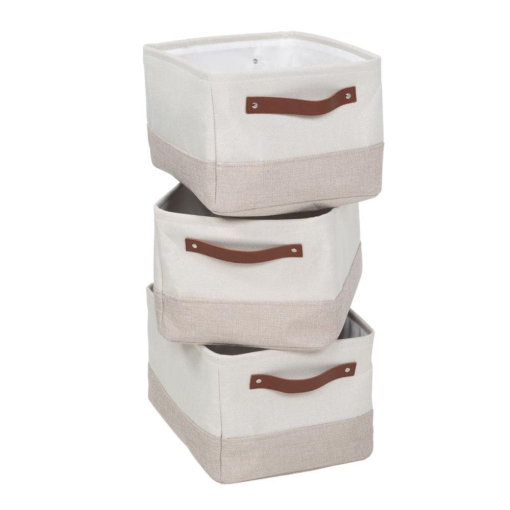 3-Pack Decorative Canvas Storage Bins with Handles, White/Beige