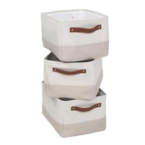 3-Pack Decorative Canvas Storage Bins with Handles, White/Beige