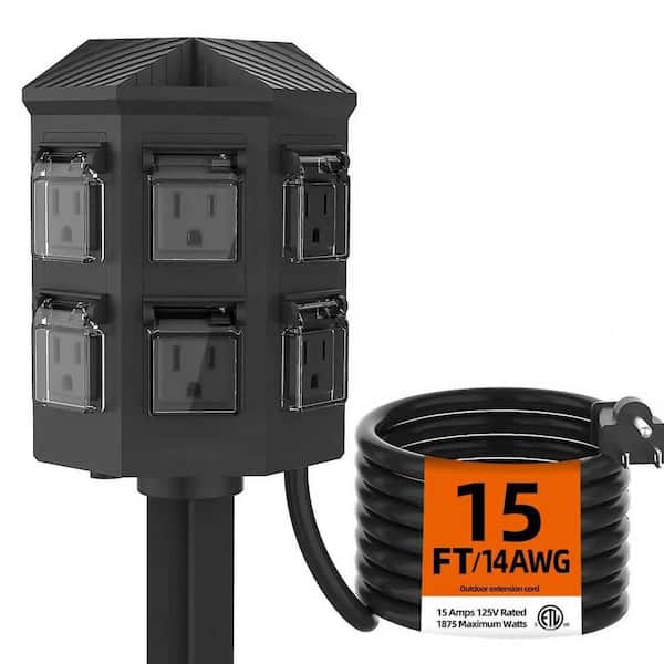 15 ft. Outdoor Power Strip Weatherproof w/ Stake, 6 Grounded Outlets,15A/3 Conductors,Heavy-Duty Extension Cord,14-Gauge