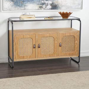 48 in. Brown Rectangle 3-Door Wood Console Table with Cane Front Doors and Gray Metal Frame