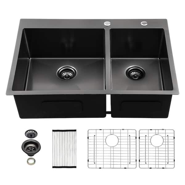LORDEAR Gunmetal Black 33 in Drop in Double Bowl 16 Gauge Stainless Steel Kitchen Sink with Bottom Grids and Strainer