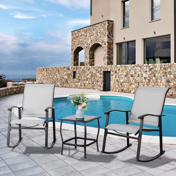 Unbranded Light Gray 3-Piece Metal Outdoor Rocking Bistro Set with Glass Table for Lawn, Garden, Balcony, Poolside