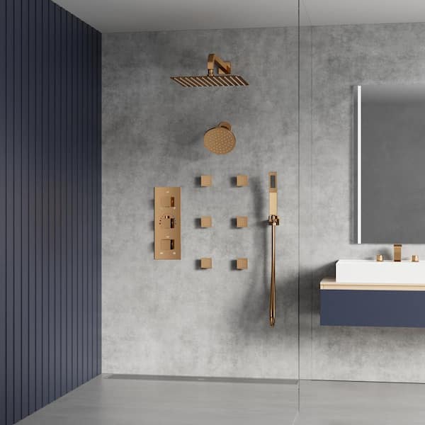 YAWWALK Thermostatic 8-Spray 12 and 6 in. Wall Mount Dual Shower Head and Handheld Shower Head with 6-Jets in Rose Gold