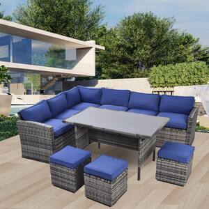 7-Piece Grey Wicker Outdoor Sectional Set with Blue Cushions, All Weather PE Rattan and Steel Frame