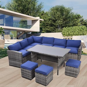 7-Piece Grey Wicker Outdoor Sectional Set with Blue Cushions, All Weather PE Rattan and Steel Frame