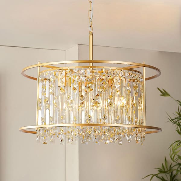 Gallatin 5-Light Gold Drum Chandelier with Crystals, Glam Modern Pendant Light for Dining Room or Foyer