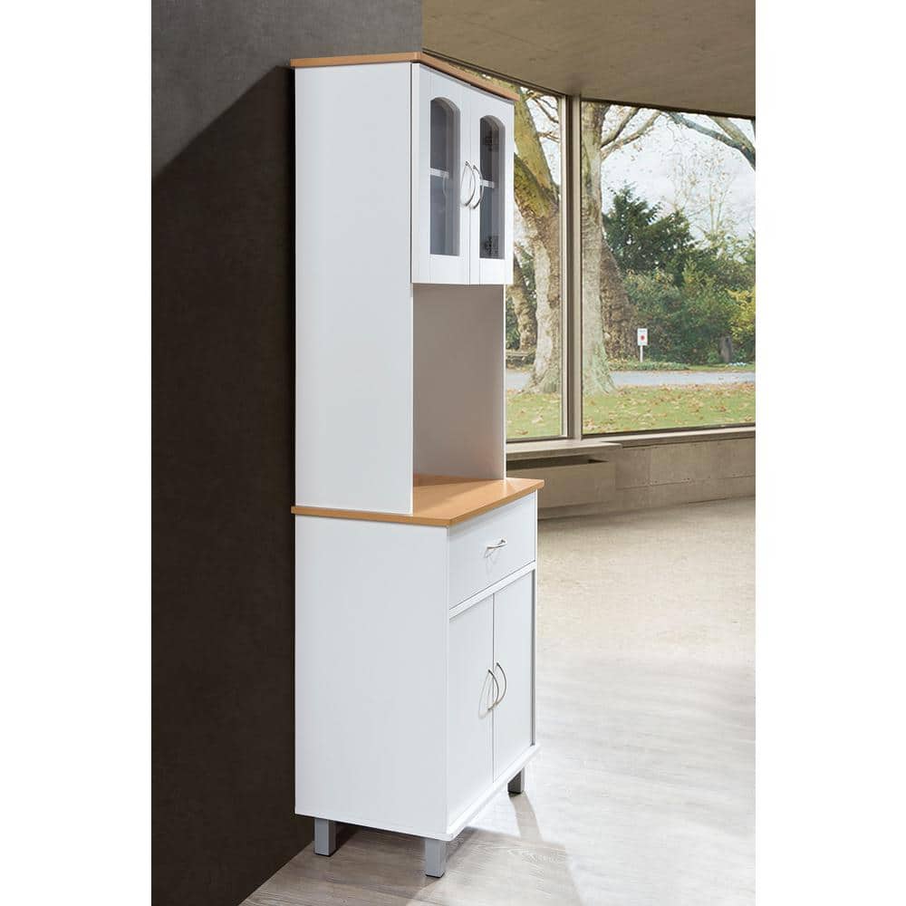 White and Natural Tall Kitchen Cabinet with Glass Doors