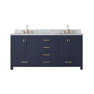 Modero 73 in. W x 22 in. D x 35 in. H Bath Vanity in Navy Blue with Marble Vanity Top in White and White Basin