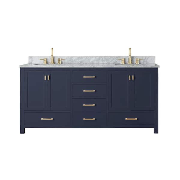 Modero 73 in. Double Sink Navy Blue Bath Vanity with Carrara White Marble Top