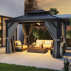 10 ft. x 12 ft. Wider Beams Aluminum Double Galvanized Steel Roof Gazebo with Hook, Mosquito Netting and Curtains