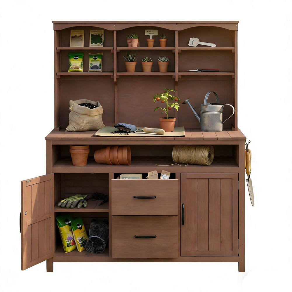 Brown 20 in. W x 65 in. H Multi-Functional OutdoorLarge Fir Wood Potting Bench with Hutch, Cabinets,Drawers & Hooks price history on PriceWatchPro