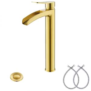 Waterfall 1 Hole Single Handle Tall Bathroom Vessel Faucet in Brushed Gold